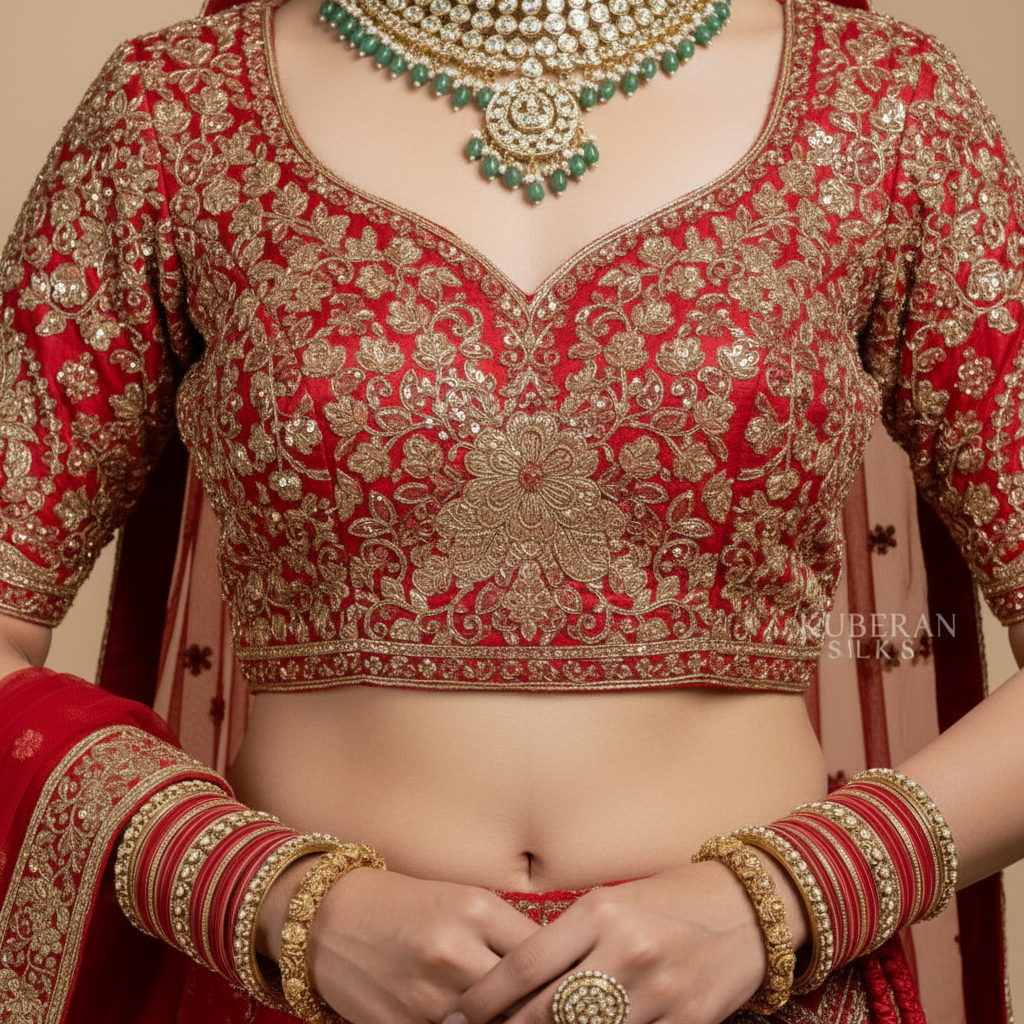 KUBERAN UNSTITCHED EMBROIDERY RED LEHENGA