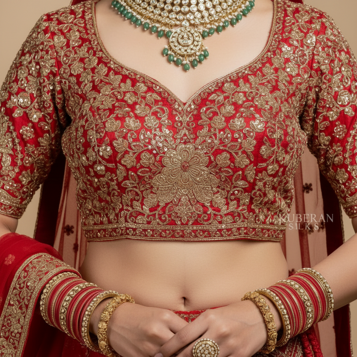 KUBERAN UNSTITCHED EMBROIDERY RED LEHENGA