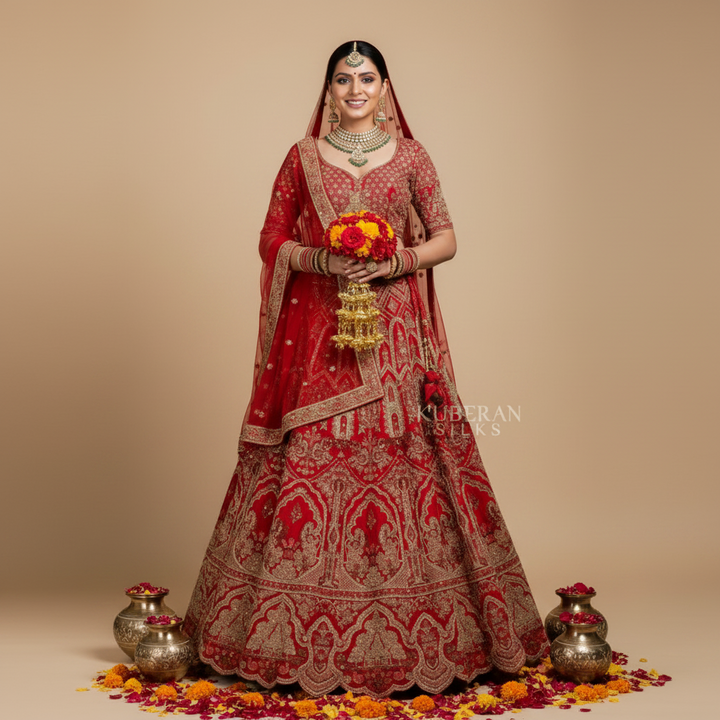 KUBERAN UNSTITCHED EMBROIDERY RED LEHENGA