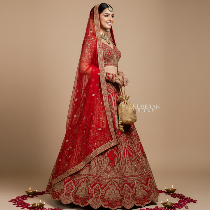 KUBERAN UNSTITCHED EMBROIDERY RED LEHENGA