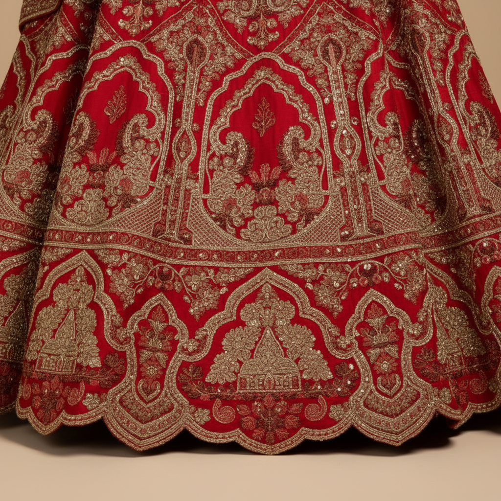 KUBERAN UNSTITCHED EMBROIDERY RED LEHENGA
