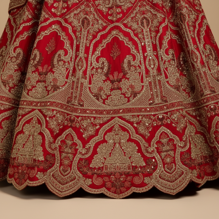 KUBERAN UNSTITCHED EMBROIDERY RED LEHENGA