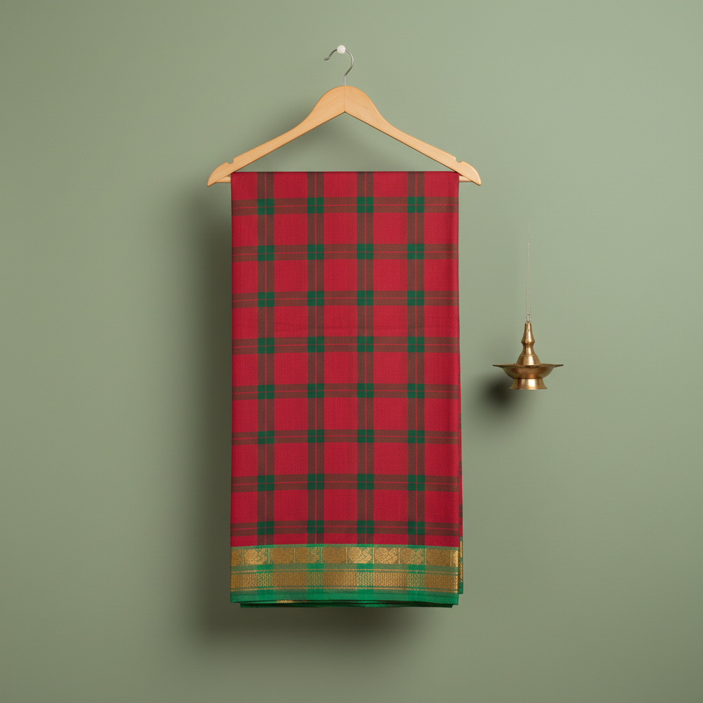KUBERAN PINK WITH GREEN COTTON CHECKS SAREE