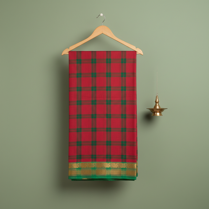 KUBERAN PINK WITH GREEN COTTON CHECKS SAREE