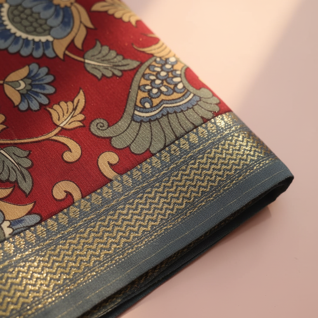 Kuberan Red Kalamkari Peacock Print Saree
