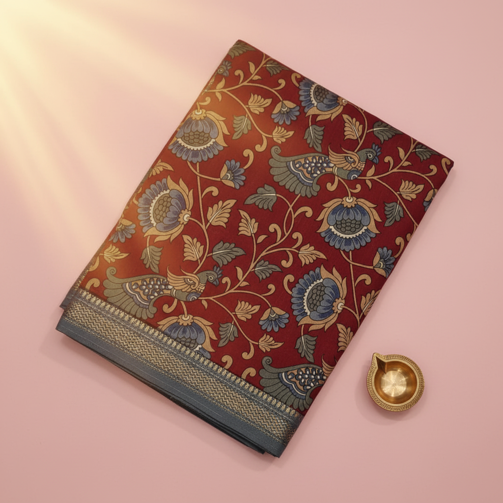 Kuberan Red Kalamkari Peacock Print Saree