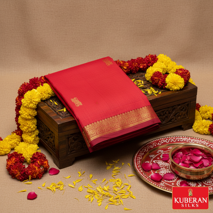 Kuberan Red Kanchipuram Silk Saree with Gold Zari Border