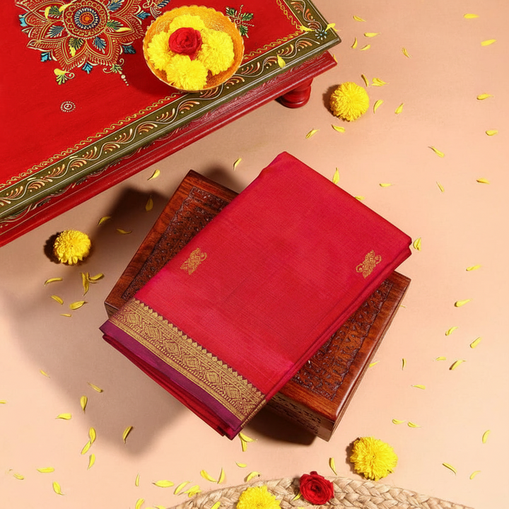 Kuberan Red Kanchipuram Silk Saree with Gold Zari Border