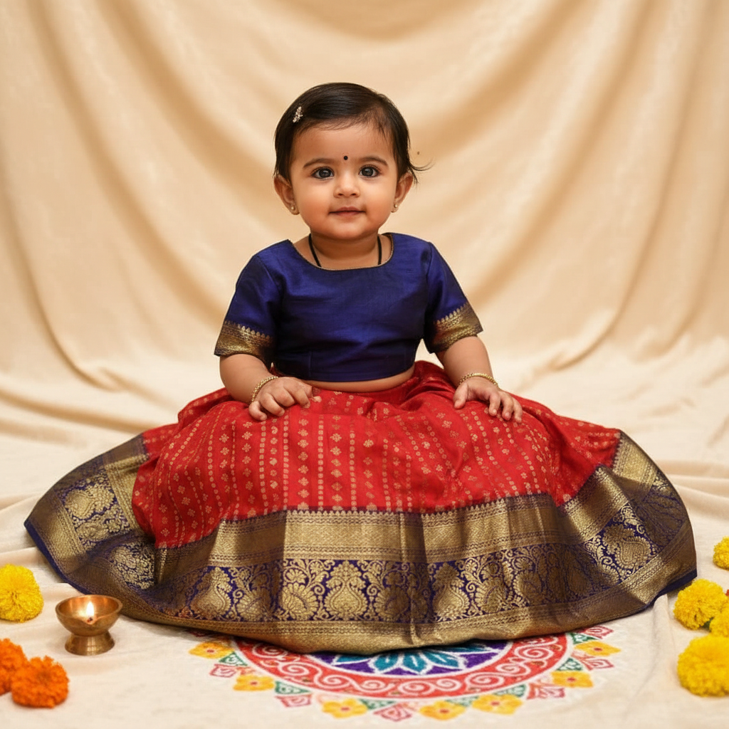 Kuberan Red & Navy Blue Art Silk Pavada
