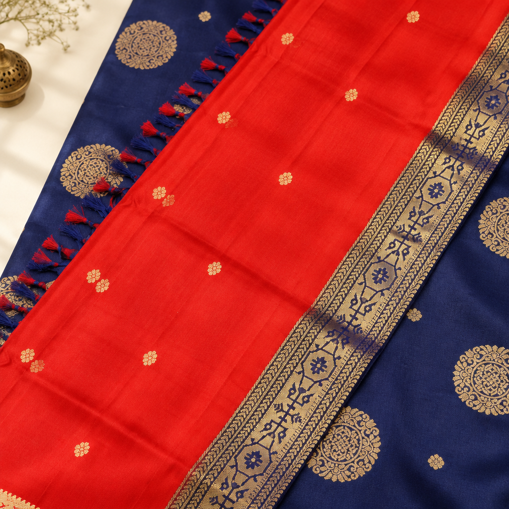 Kuberan Navy Blue and Red Pure Silk Dress Material with Gold Motifs
