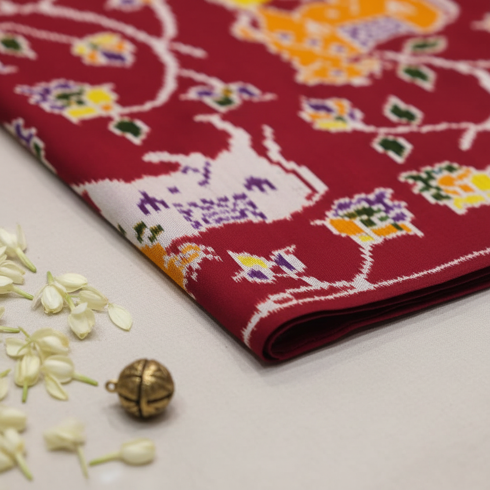 Red Pochampally Ikat Saree Close-Up Detail