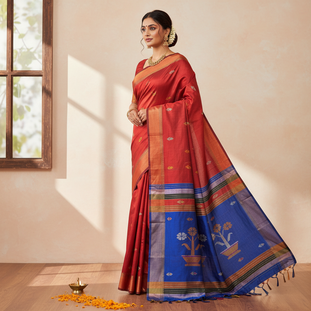 KUBERAN RED WITH BLUE BISHNUPURI SOFT SILK SAREE