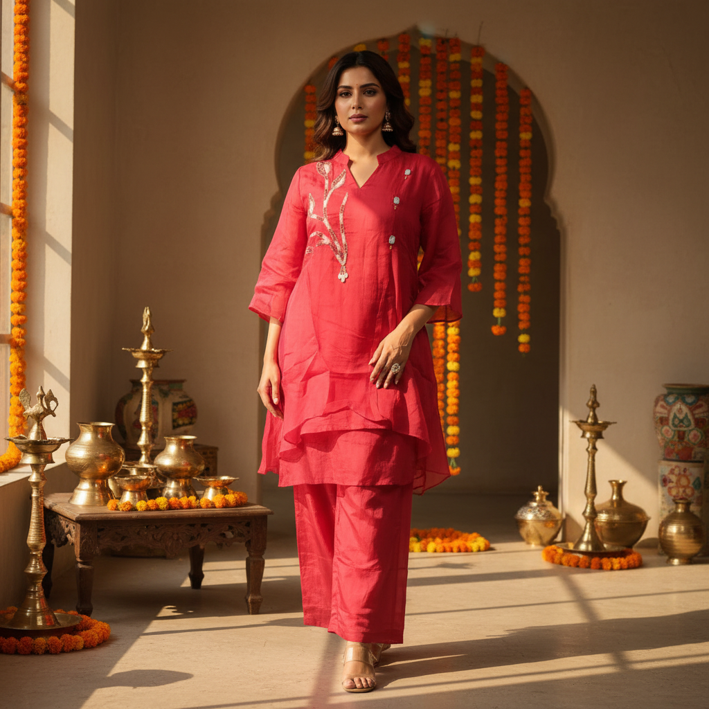Kuberan Rose Pink Embroidered Layered Kurta & Palazzo Co-ord Set