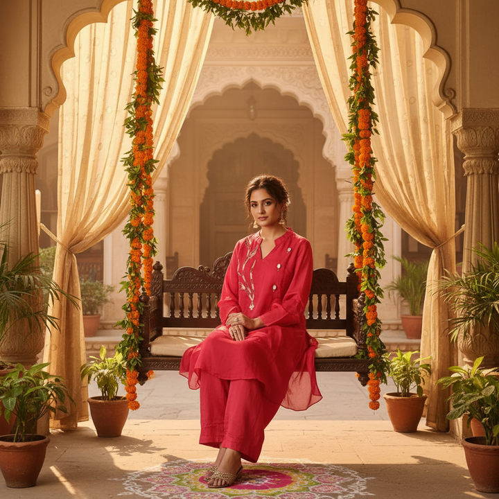 Kuberan Rose Pink Embroidered Layered Kurta & Palazzo Co-ord Set
