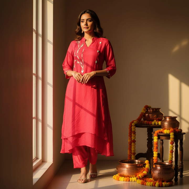 Kuberan Rose Pink Embroidered Layered Kurta & Palazzo Co-ord Set