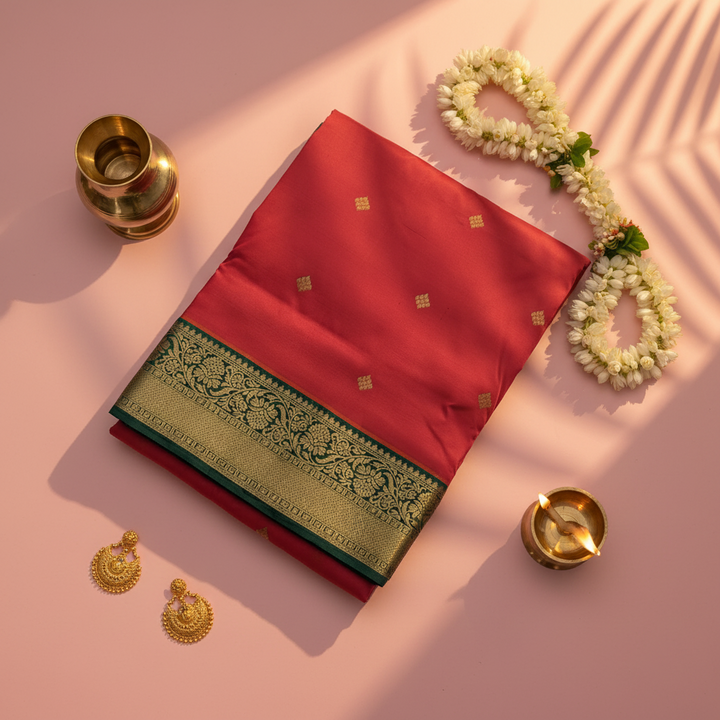 kuberan pure Silk 9 Yards Saree - Red with Green Zari Border