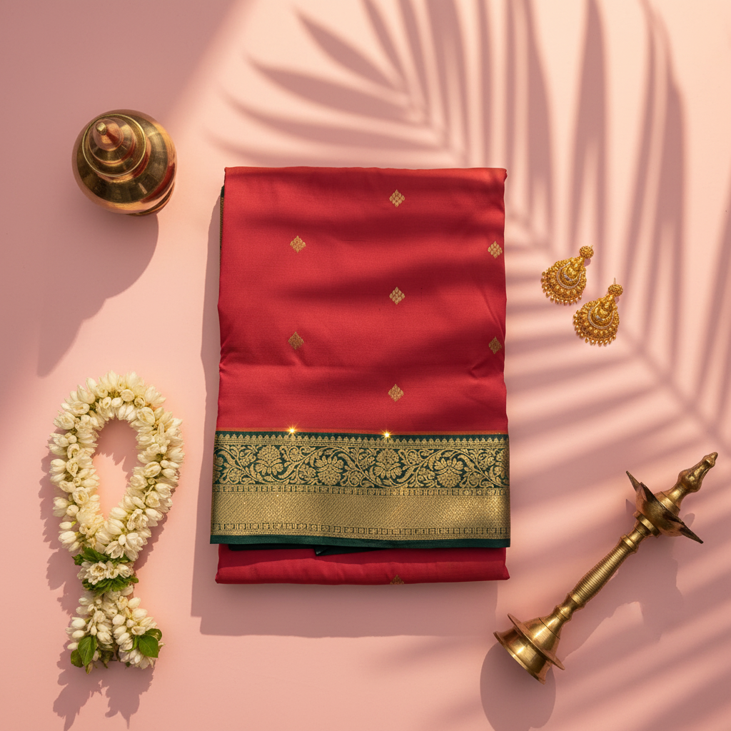 kuberan pure Silk 9 Yards Saree - Red with Green Zari Border