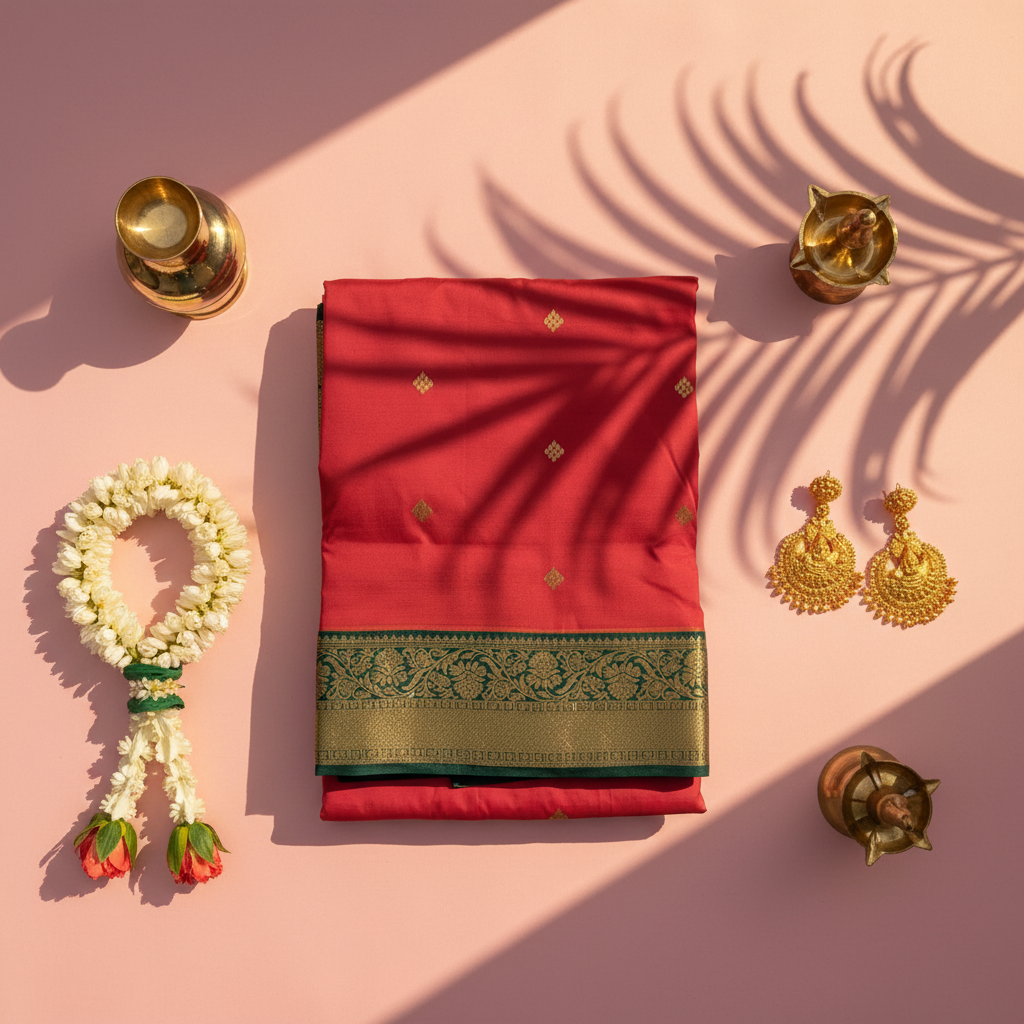kuberan pure Silk 9 Yards Saree - Red with Green Zari Border