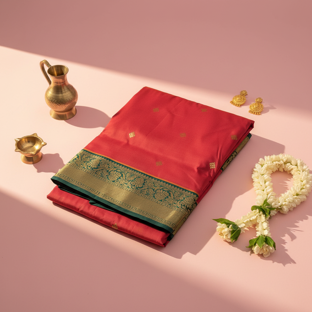 kuberan pure Silk 9 Yards Saree - Red with Green Zari Border