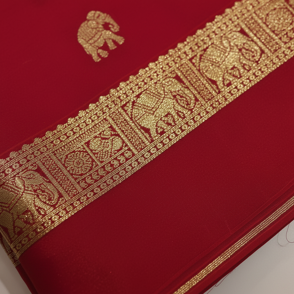 kuberan Red with Elephant Motifs  Mysore Silk Saree