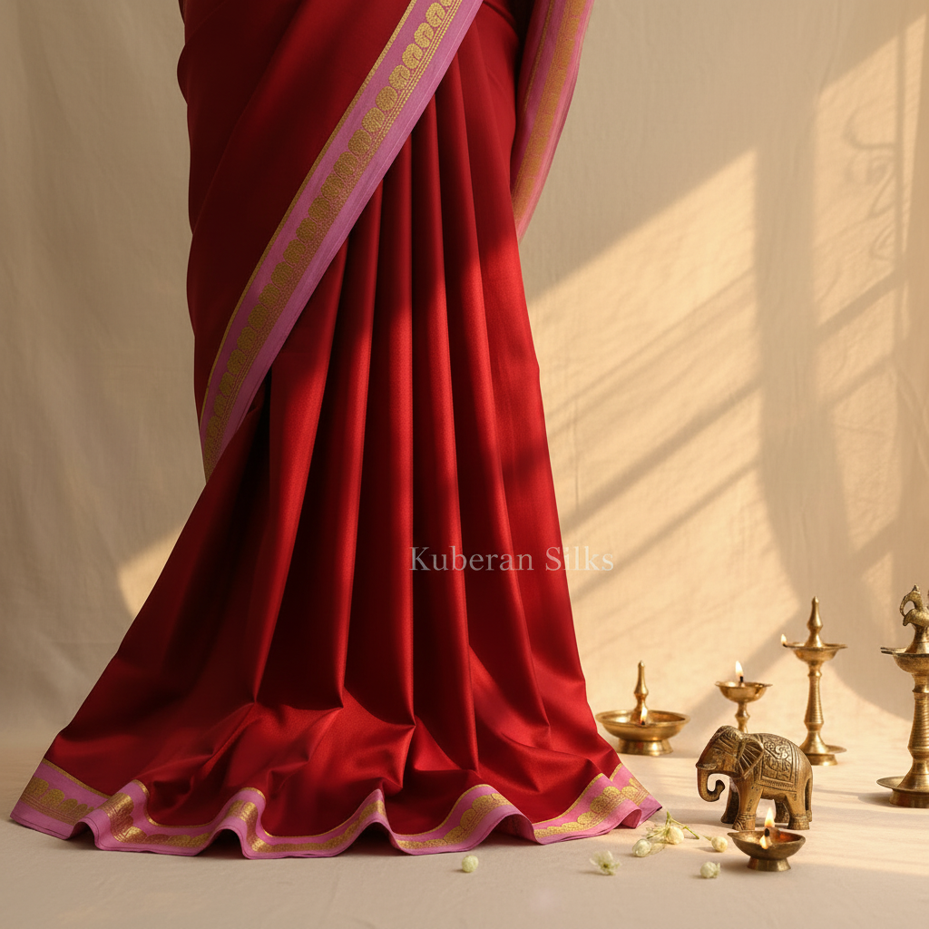 Kuberan Red Mysore Silk Saree with Pink Border