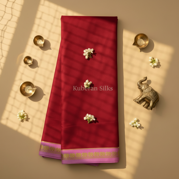 Kuberan Red Mysore Silk Saree with Pink Border