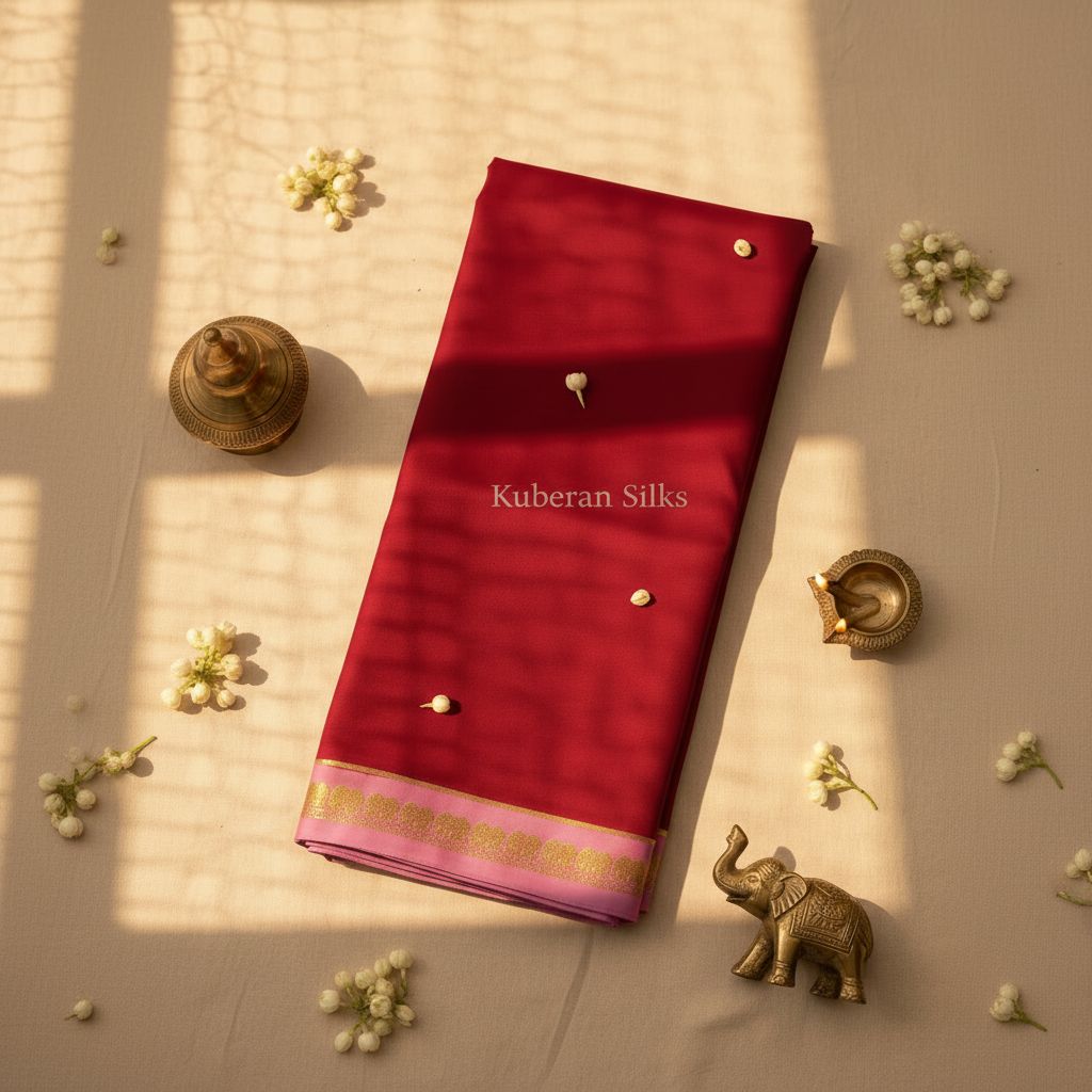 Kuberan Red Mysore Silk Saree with Pink Border