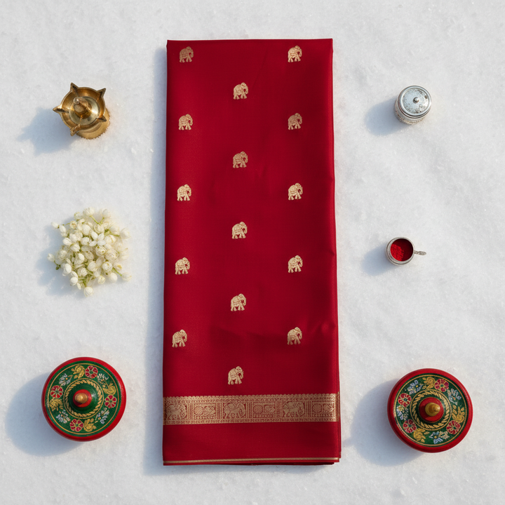 kuberan Red with Elephant Motifs  Mysore Silk Saree