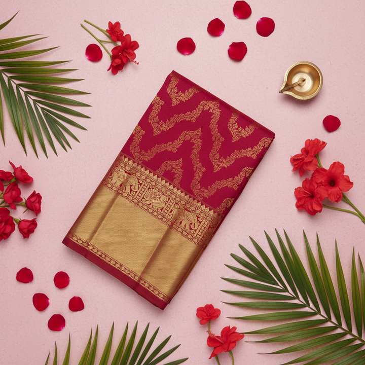 Kuberan Red Kanchipuram Silk Saree with Golden Temple Border