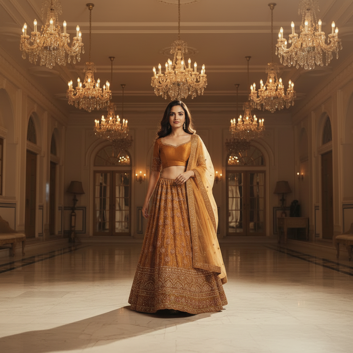 Kuberan Golden Mustard Semi Bridal Lehenga Semi Stitched
