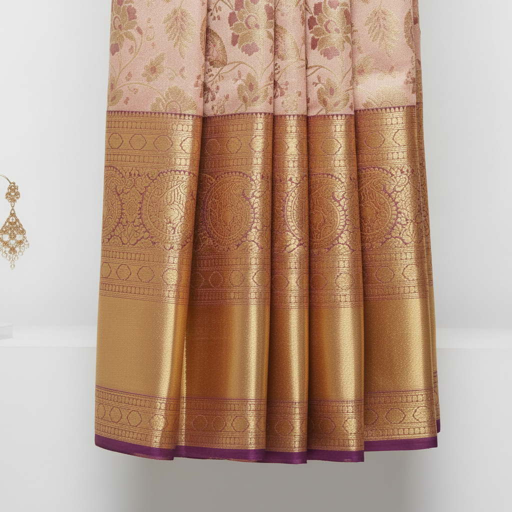 Kuberan Pure Silk Cream Pink with Golden Border Pavada
