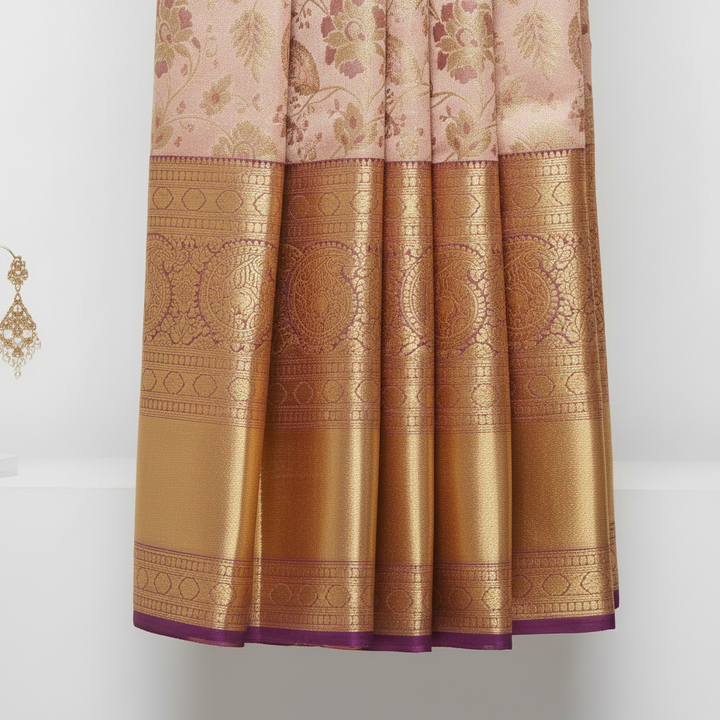 Kuberan Pure Silk Cream Pink with Golden Border Pavada