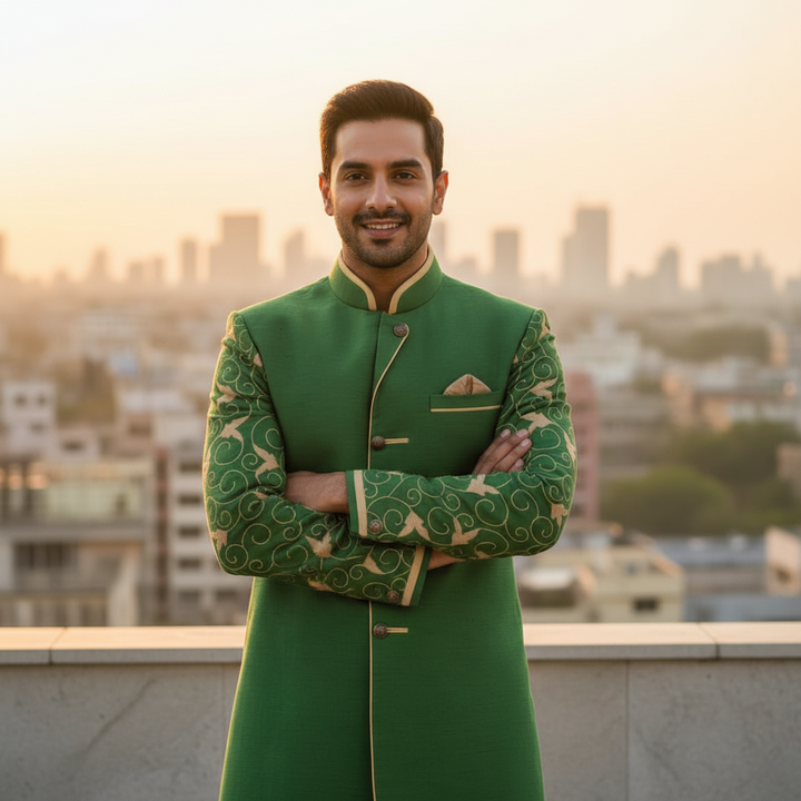 Kuberan Green Indo-Western Sherwani with Gold Bird & Scroll Embroidery