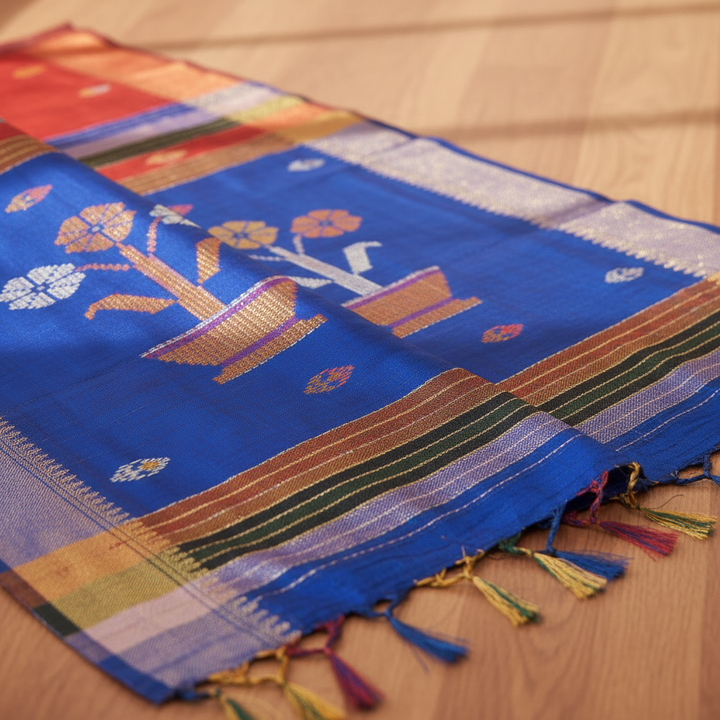 KUBERAN RED WITH BLUE BISHNUPURI SOFT SILK SAREE