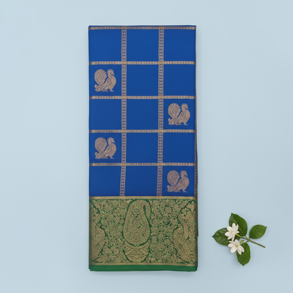 KUBERAN ROYAL BLUE WITH GREEN PURE KANCHIPURAM SILK SAREE