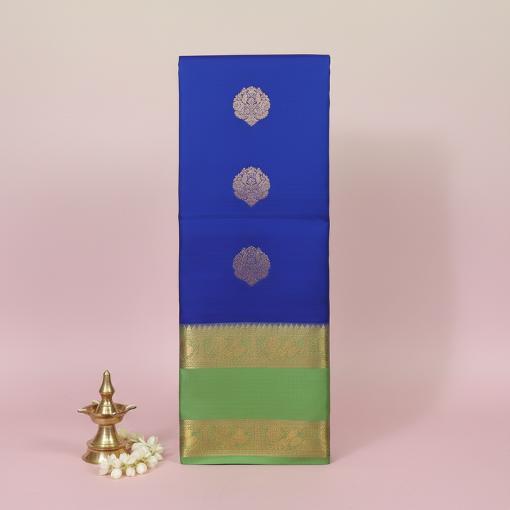 KUBERAN ROYAL BLUE WITH PARROT GREEN PURE SILK SAREE