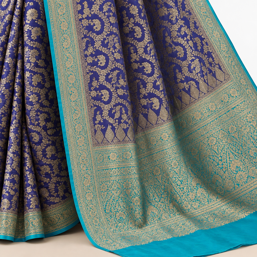 KUBERAN ROYAL BLUE PURE KHADDI GEORGETTE  SAREE