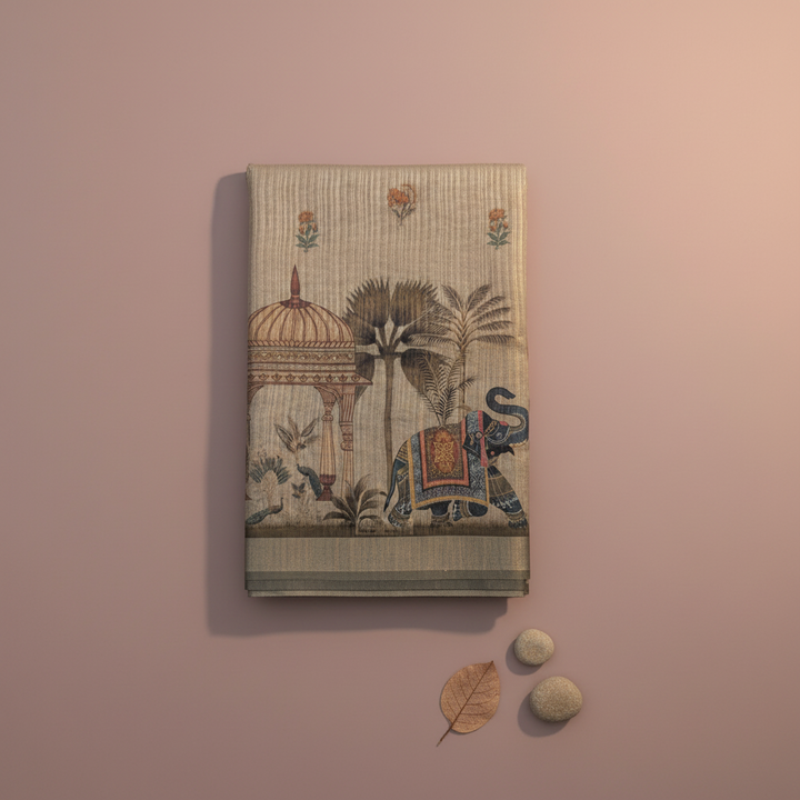 KUBERAN IVORY BEIGE LINEN COTTON SAREE