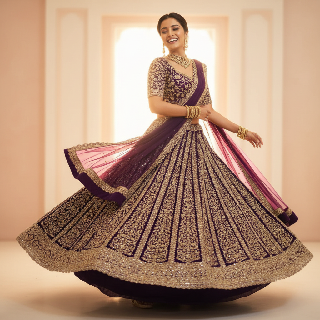 Kuberan Royal Purple Zari Embroidered Bridal Lehenga