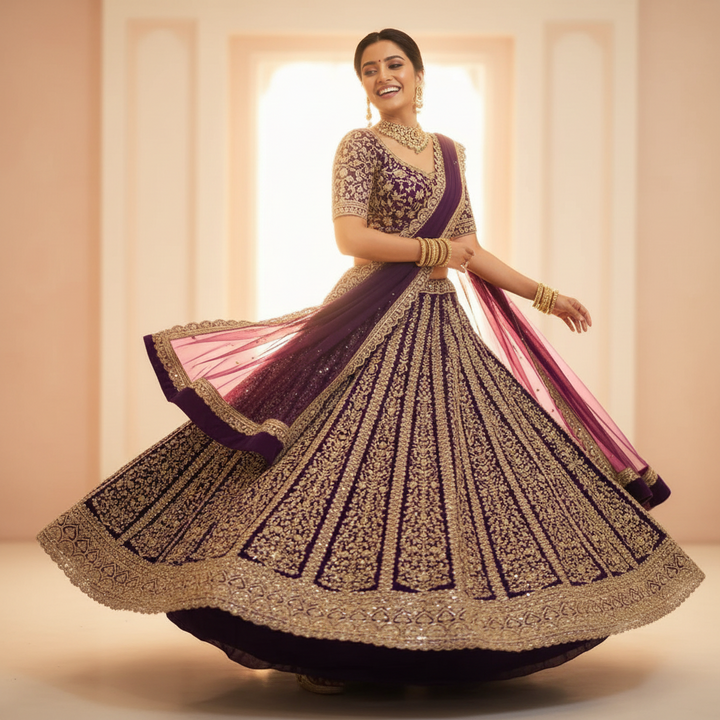 Kuberan Royal Purple Zari Embroidered Bridal Lehenga