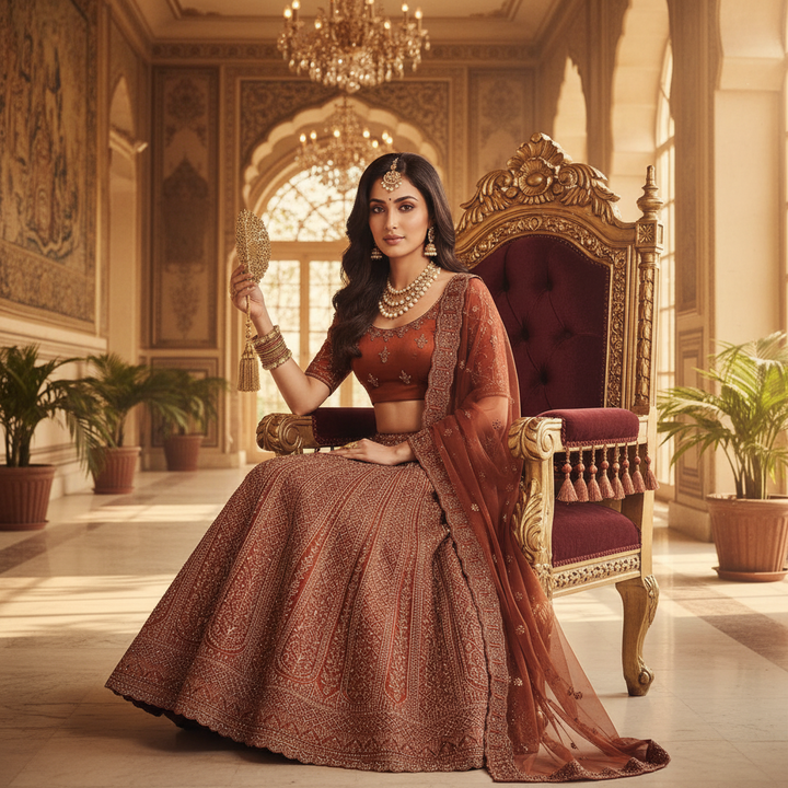 Kuberan Rust Gold Semi Bridal Lehenga Semi Stitched