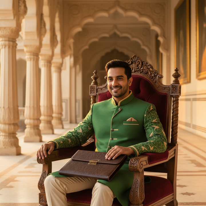 Kuberan Green Indo-Western Sherwani with Gold Bird & Scroll Embroidery