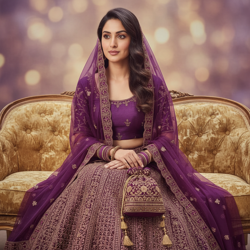 Kuberan Semi Bridal Purple Embroidered Lehenga Semi Stitched