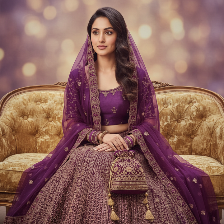 Kuberan Semi Bridal Purple Embroidered Lehenga Semi Stitched