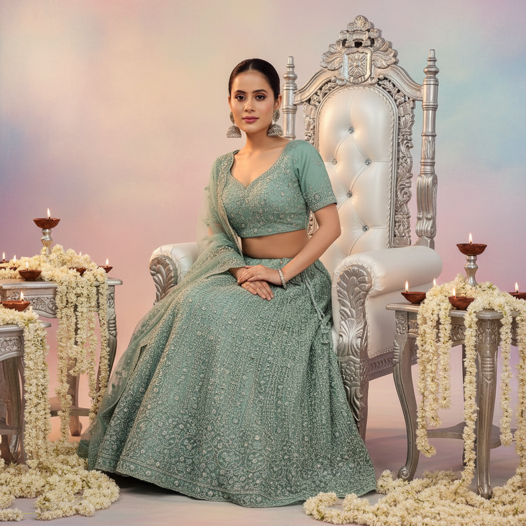 Kuberan Mint Green Embroidered Net Lehenga Choli Semi Stitched