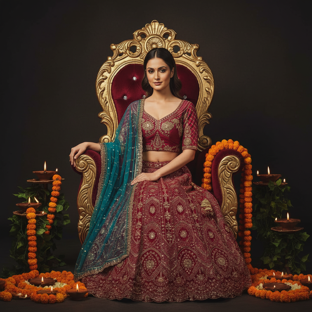 Kuberan Maroon & Teal Bridal Lehenga Choli Semi Stitched