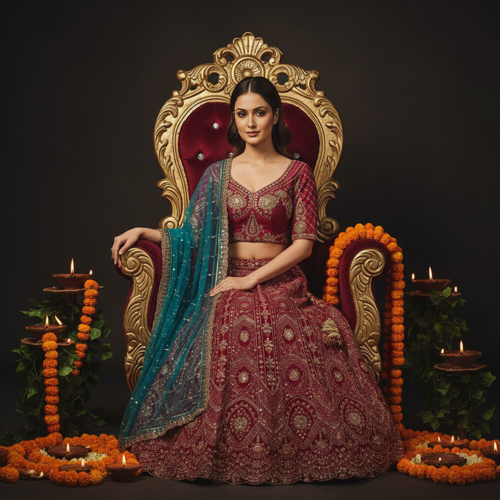 Kuberan Maroon & Teal Bridal Lehenga Choli Semi Stitched