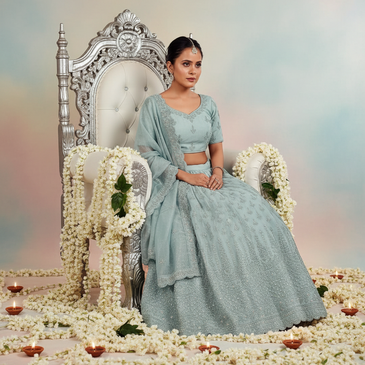 Kuberan Powder Blue Embroidered Net Lehenga Semi Stitched
