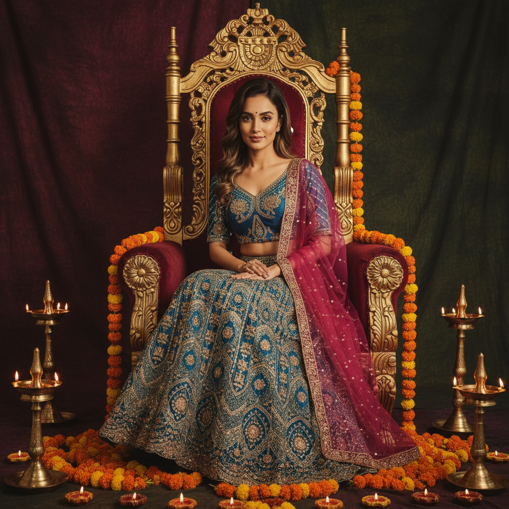 Kuberan Teal Blue & Pink Lehenga Semi stitched