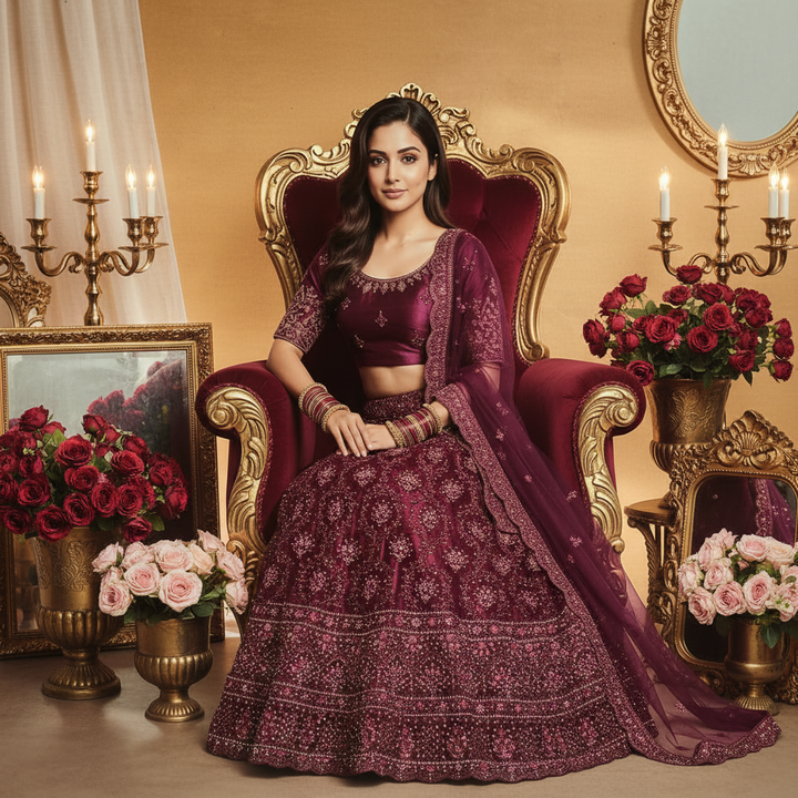 Kuberan Wine Burgundy Semi Bridal Semi Stitched Lehenga.